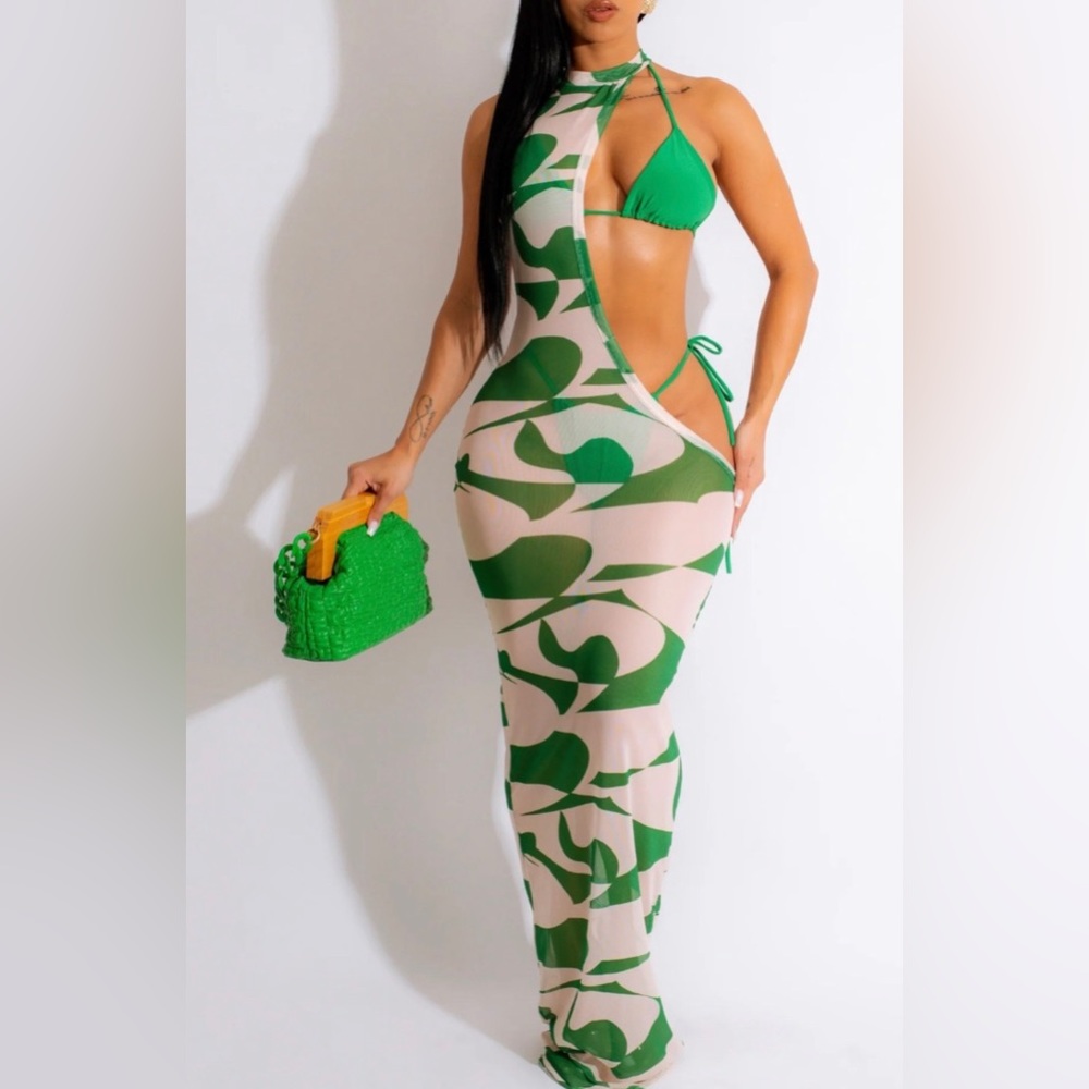 Green and White Cut Out See Through Bodycon Dress